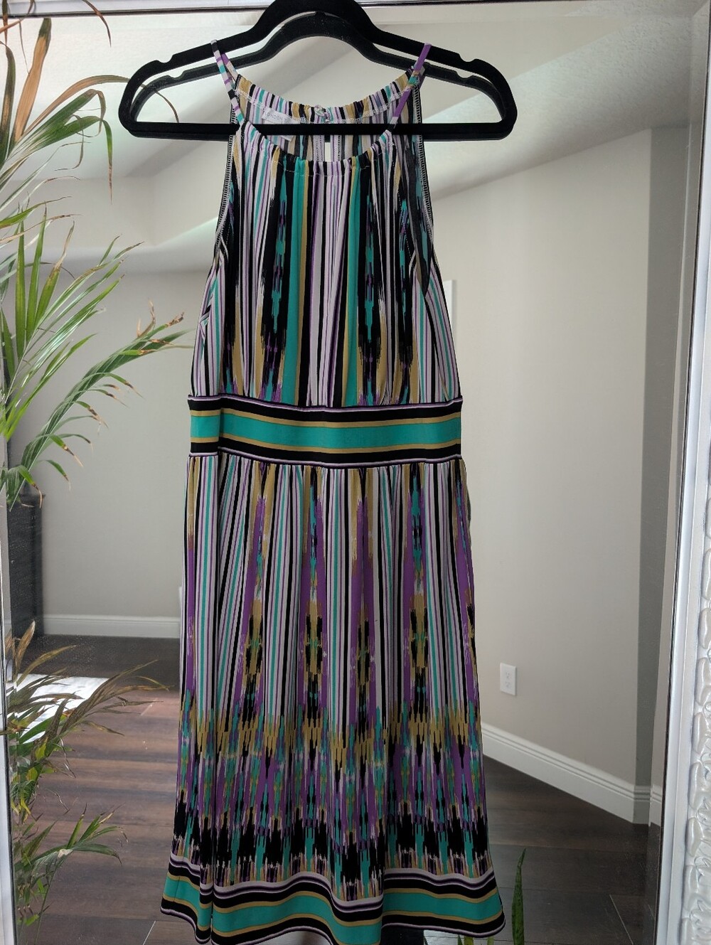 London Times Striped Halter Maxi Dress in Teal, Purple, Black & White